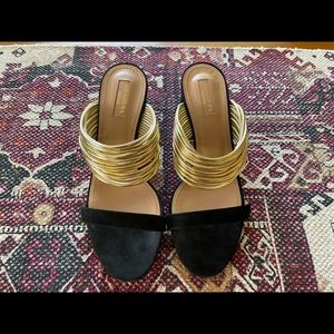 AQUAZZURA AUTH BNIB Rendez Vous 50 Black Suede and Gold Sandals SZ 38